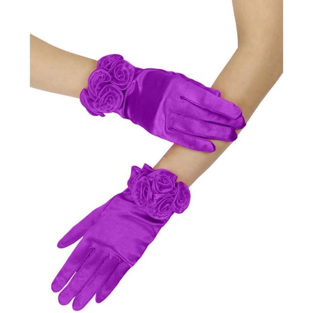 Women's Purple Elegant Floral Satin Short Gloves Wedding Dress Party Accessories